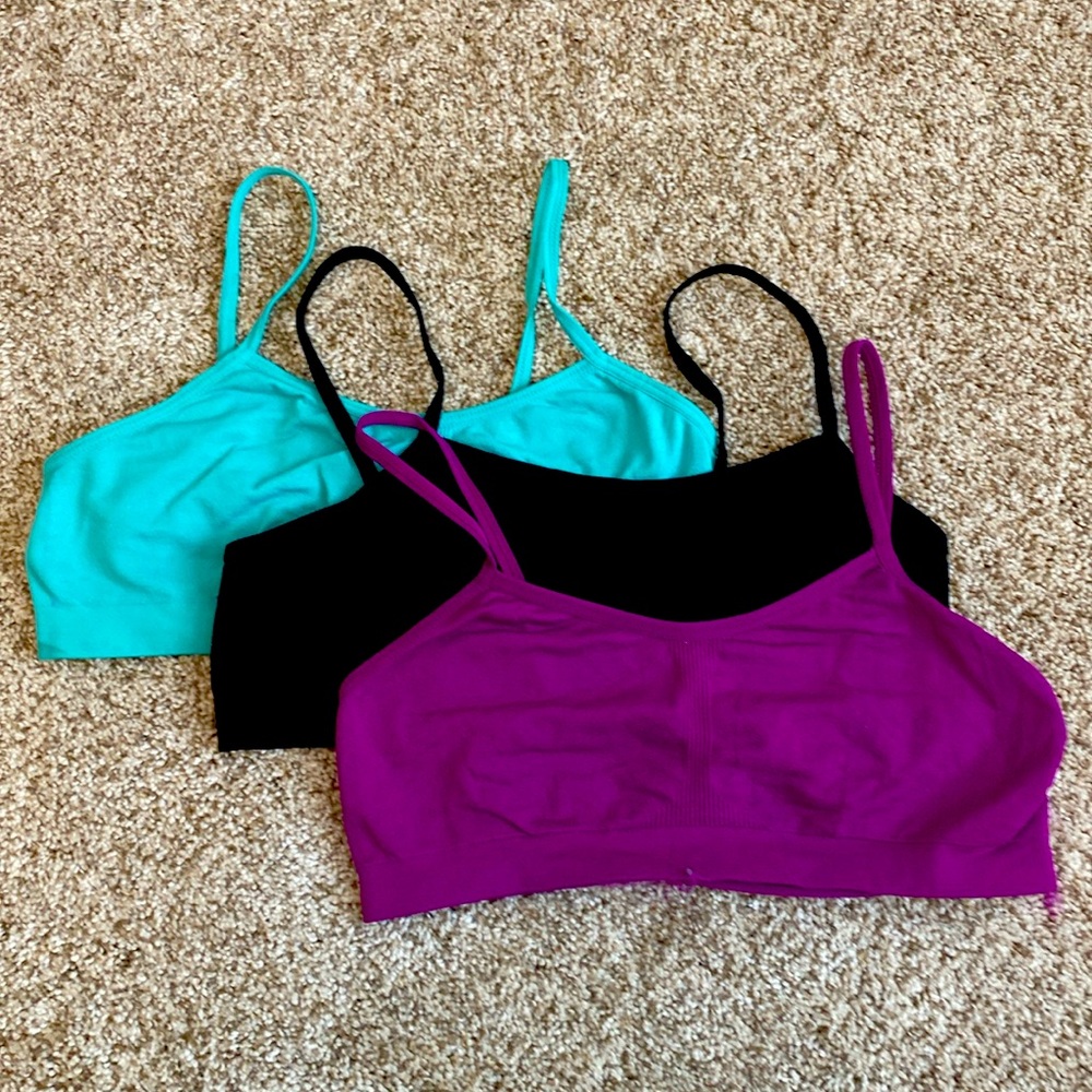 💜🖤💚Cute sport bra bundle💚🖤💜 (turquoise black purple) 34/L very stretchy!!